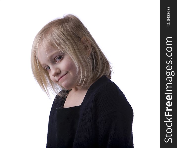 Smug child in black isolated on a white background