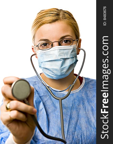 Image of a woman doctor pointing stethoscope at you.