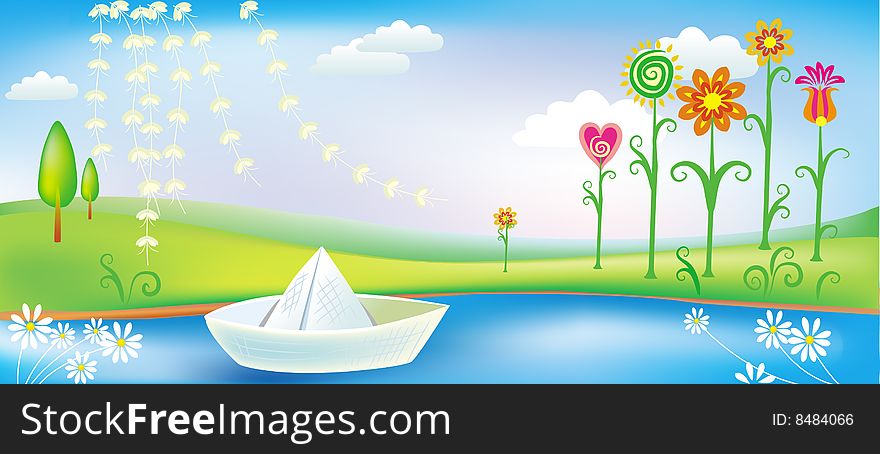 Spring landscape with toy ship.Vector Illustration. Spring landscape with toy ship.Vector Illustration