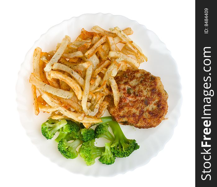Fried Potatoes With Cutlet And Broccoli