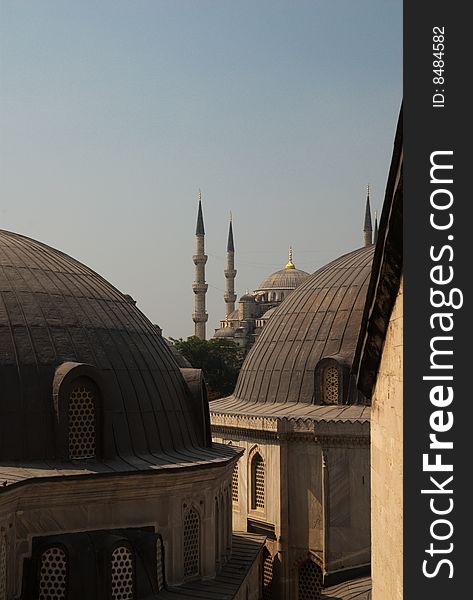 A view of the Blue Mosque from the windows of the Hagia Sophia, Istanbul, Turkey