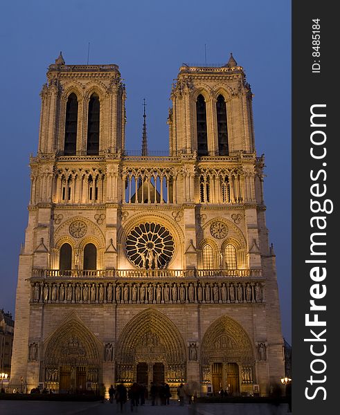 Notre Dame at night in Paris, France