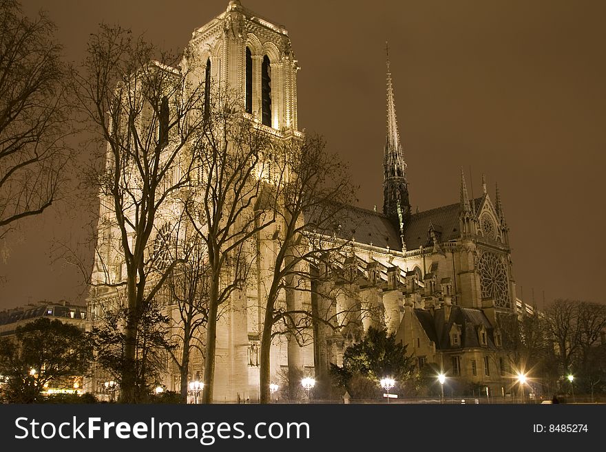 Notre Dame at night in Paris, France