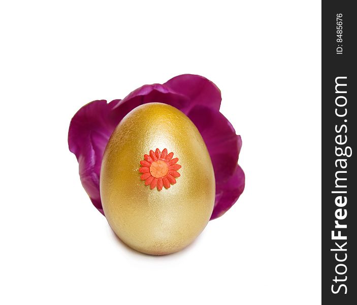 Celebrating Easter with golden treasure egg inside a purple tulip. Isolated on white with clipping path included. Celebrating Easter with golden treasure egg inside a purple tulip. Isolated on white with clipping path included.