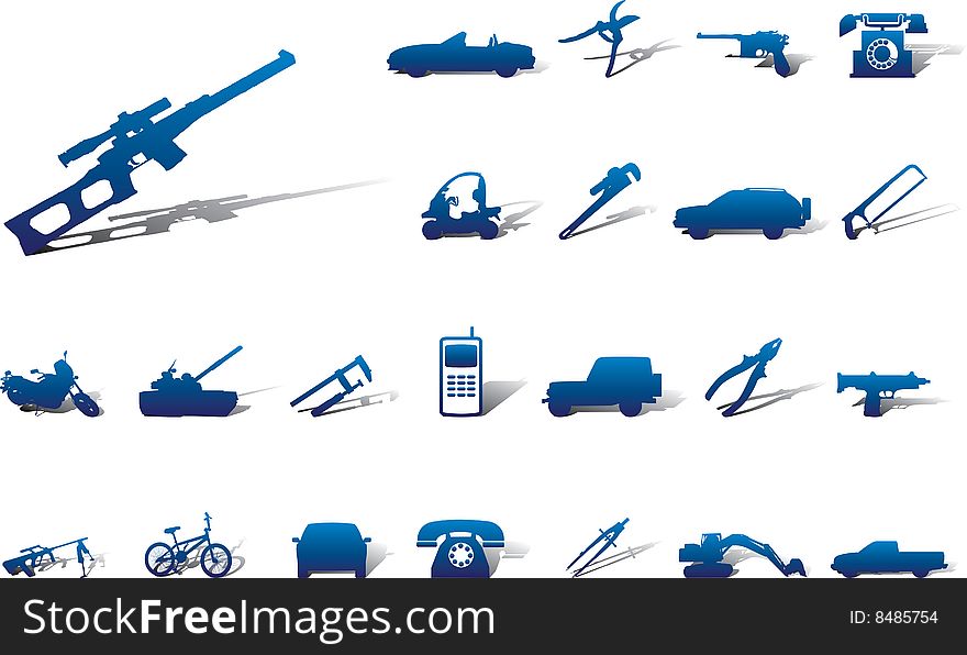 Big set icons - 15A. Machines and technologies.  Vector images with cars, weapon, tools etc. Big set icons - 15A. Machines and technologies.  Vector images with cars, weapon, tools etc.