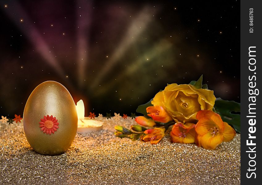 Spirit of Jesus - Easter resurrection candle with golden decorated egg and spring flowers. Spirit of Jesus - Easter resurrection candle with golden decorated egg and spring flowers