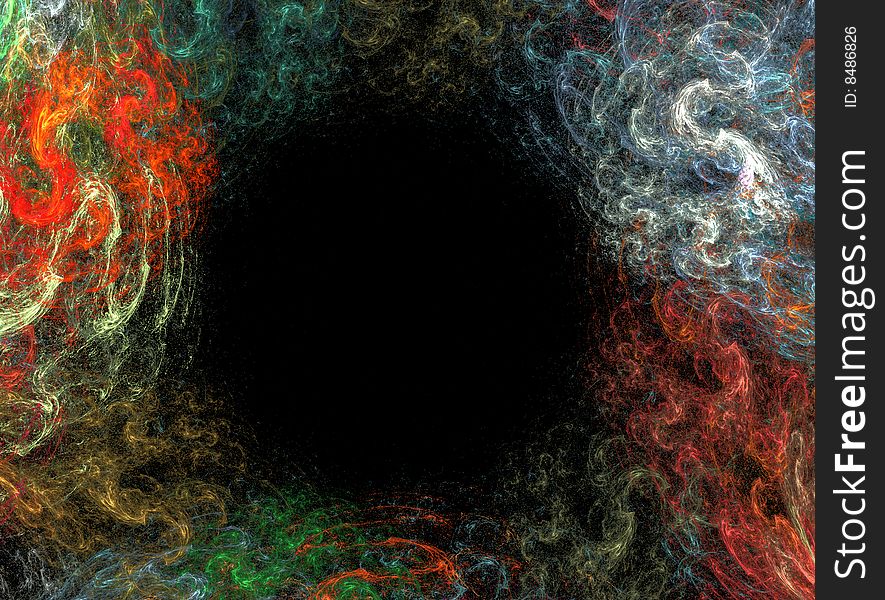 Computer generated image of a black hole surrounded by multicolored flames. Computer generated image of a black hole surrounded by multicolored flames.