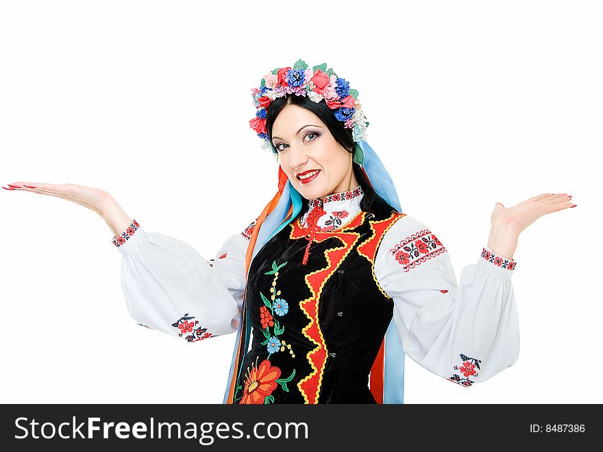 Young smiling ukrainian woman holds palms up. Young smiling ukrainian woman holds palms up