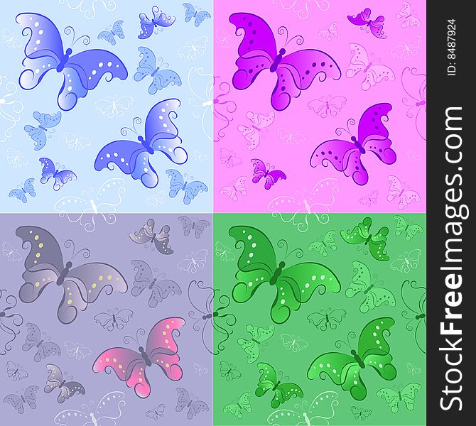 Four options for seamless textures from stylized butterflies bright green, blue, pink and elegant gray. Four options for seamless textures from stylized butterflies bright green, blue, pink and elegant gray