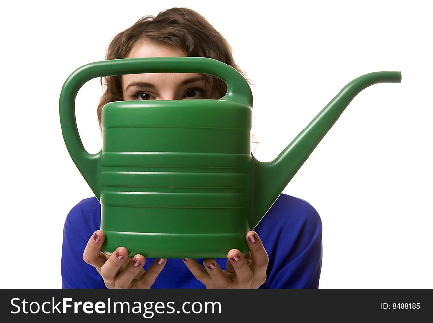 Women with green watering can. Women with green watering can