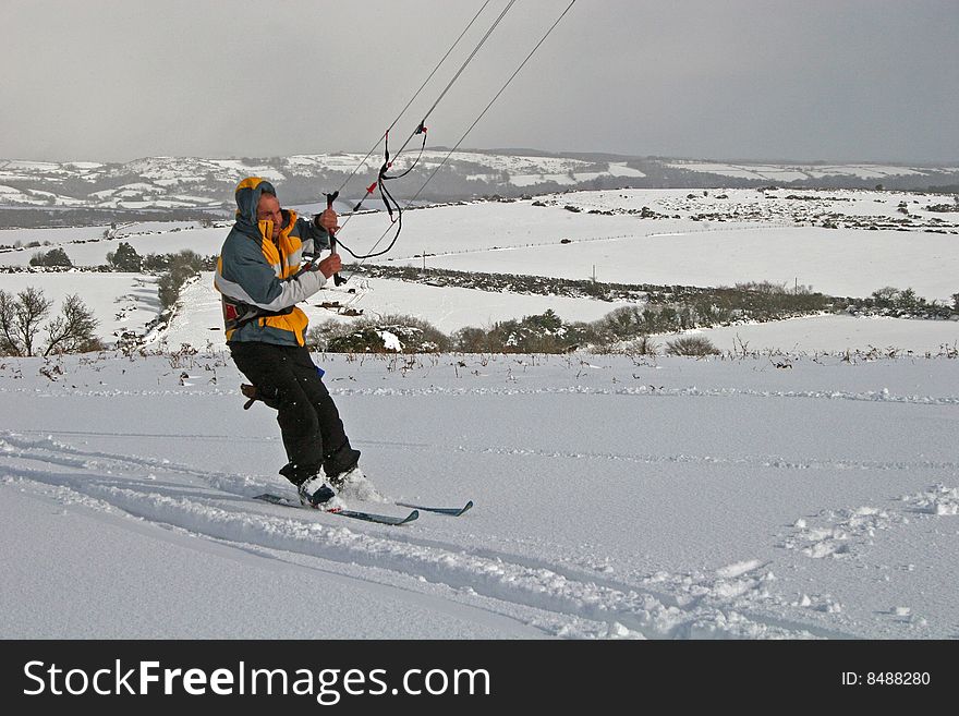 Kite skiing on snow on Dartmoor