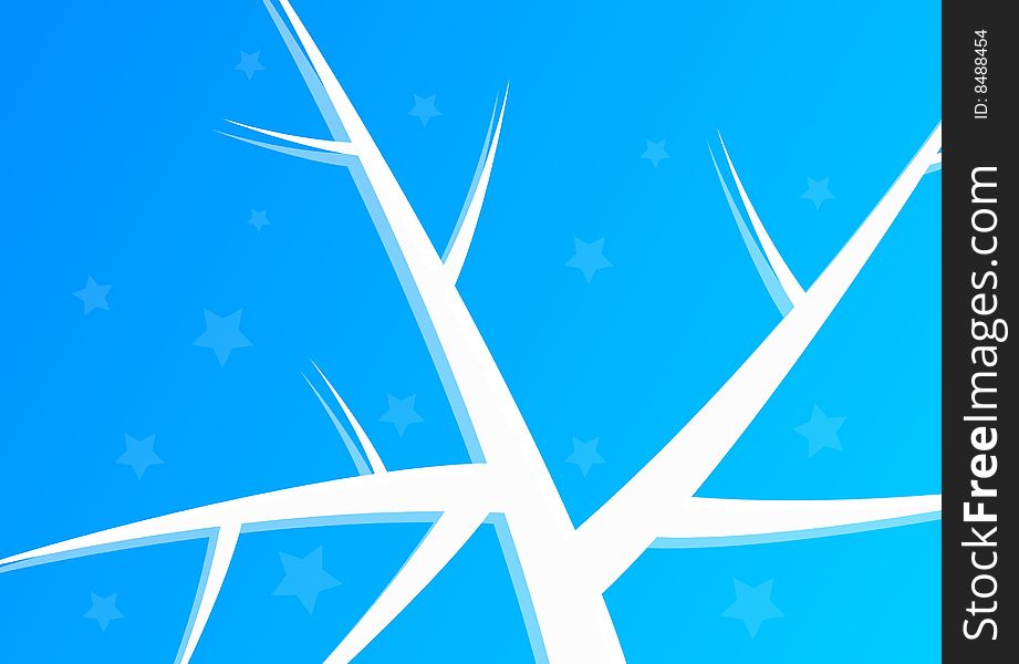 Illustration of a blue winter sky with white branches and some stars