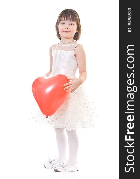 Standing well-dressed little girl with red balloon in hand. Standing well-dressed little girl with red balloon in hand