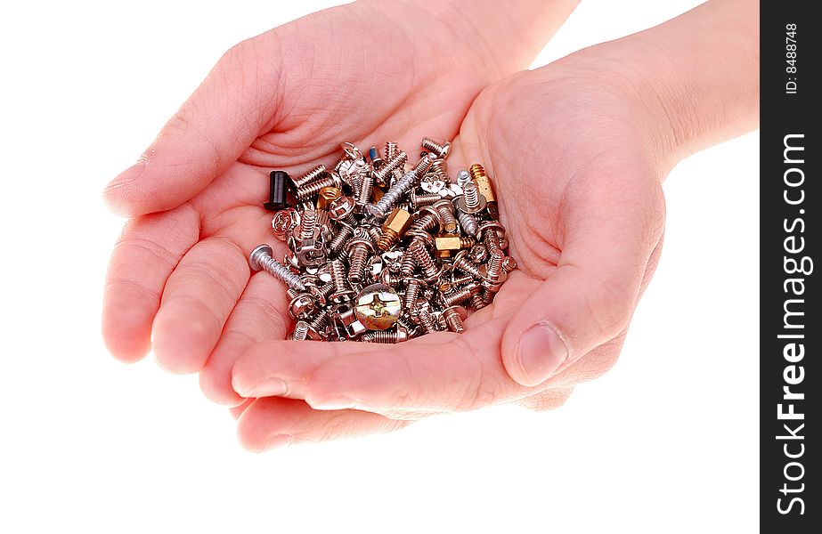 Bunch of screws in hands isolated on white