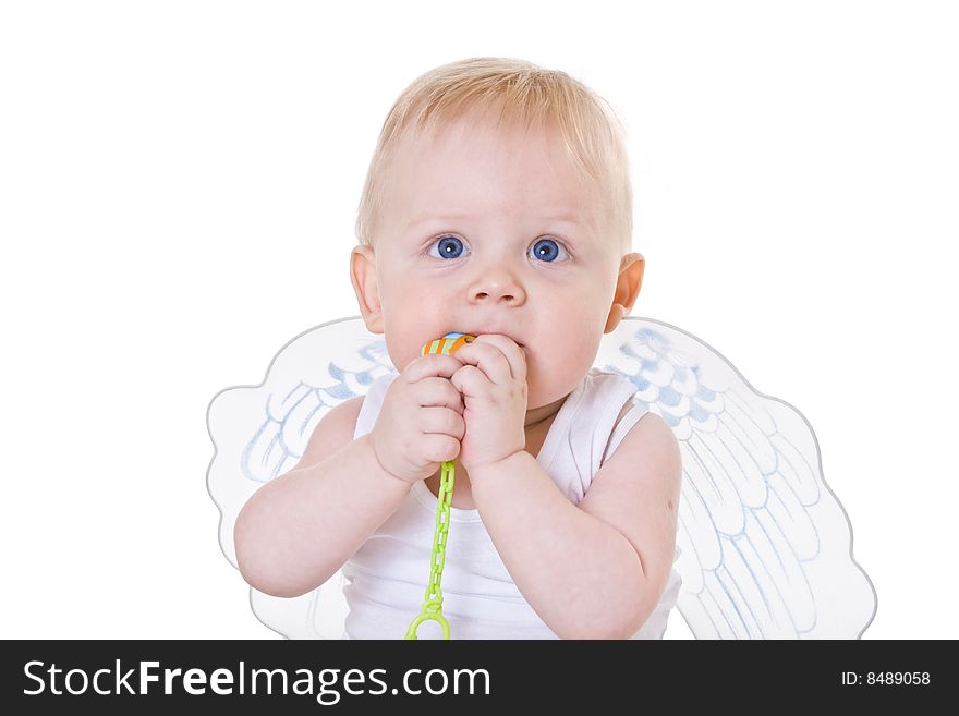 Baby with angel wings on white background