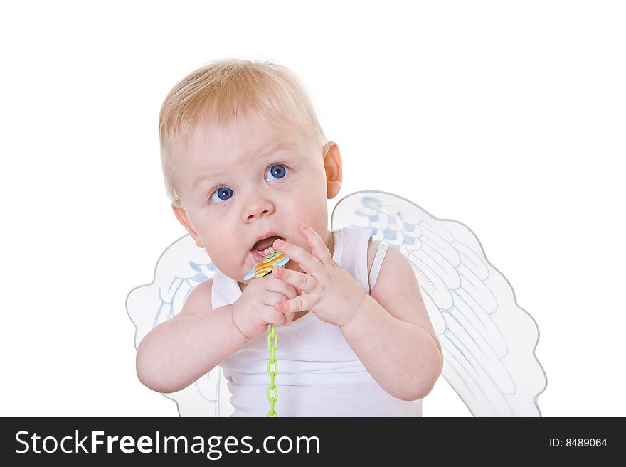 Baby with angel wings on white background