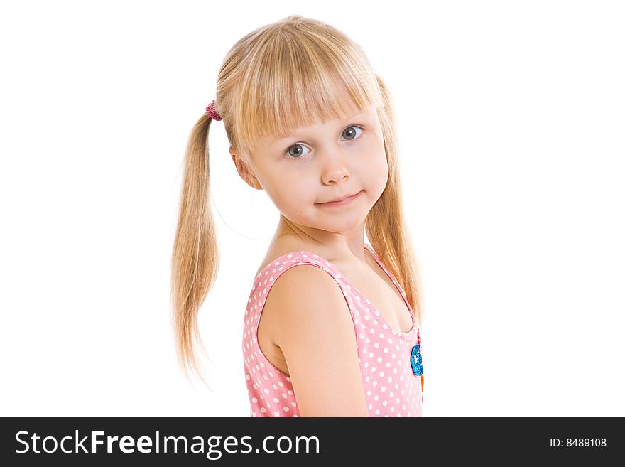 Smiling little girl with ponytail on white background