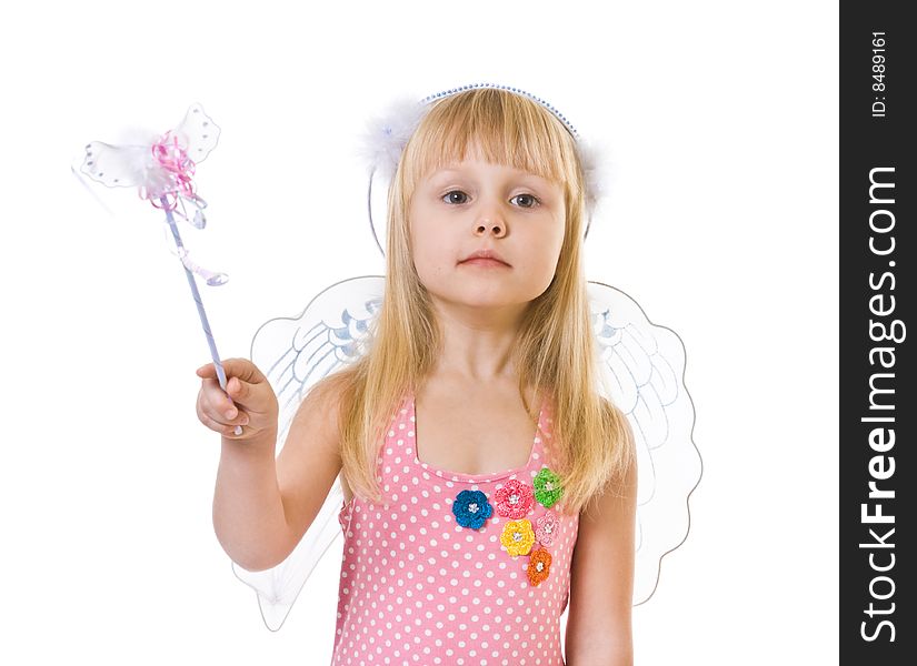 Girl in pink dress and magic wand on white background