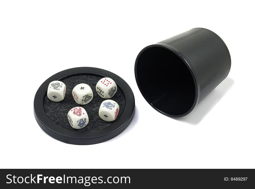 Five poker dice and a dice box isolated over white. Five poker dice and a dice box isolated over white