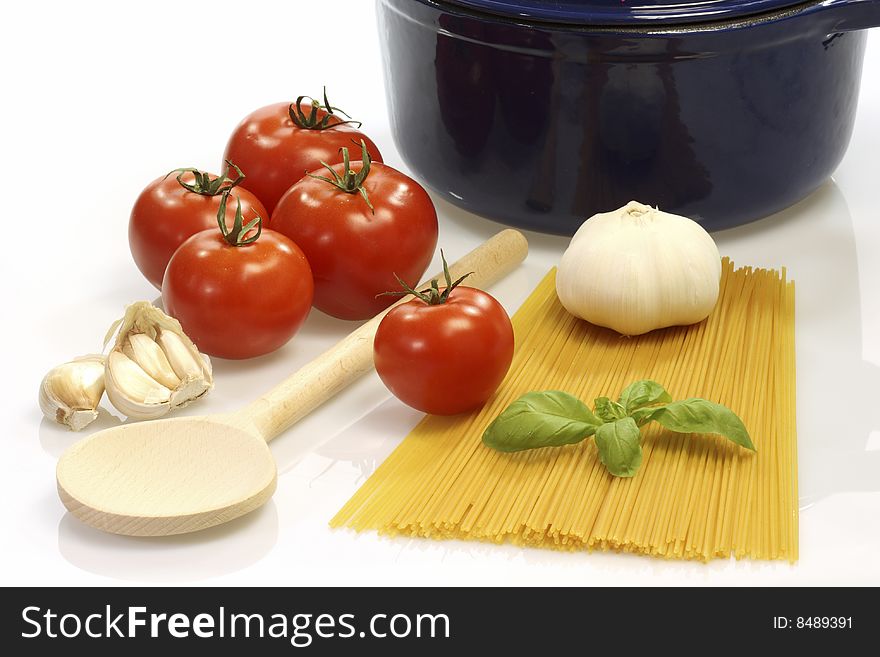 Spaghetti with ingredients of tomato sauce. Spaghetti with ingredients of tomato sauce