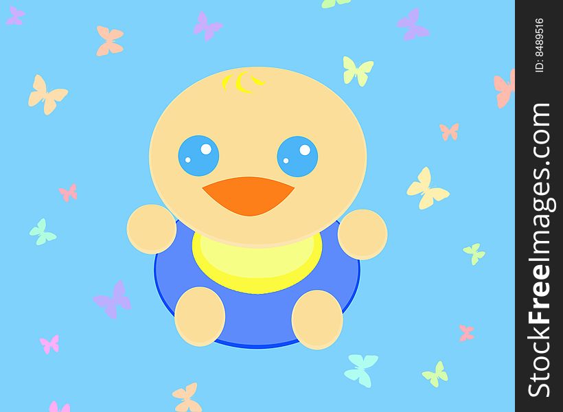 A little cute and round baby smiling happy on a blue background with a lot of multicolor butterflies. Digital drawing. Coloured picture. A little cute and round baby smiling happy on a blue background with a lot of multicolor butterflies. Digital drawing. Coloured picture.
