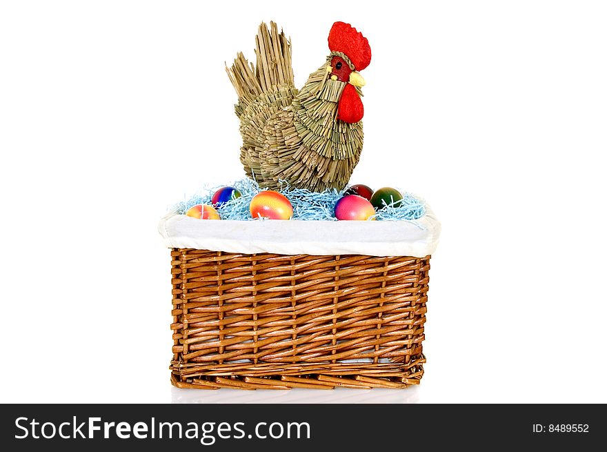 Chicken with boiled colorful painted Easter eggs on white background. Chicken with boiled colorful painted Easter eggs on white background