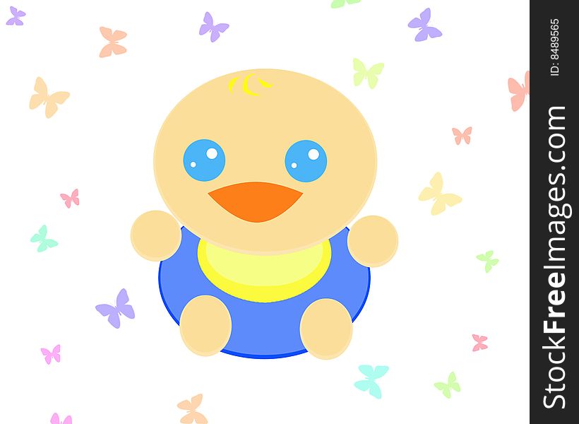 A little cute and round baby smiling happy on a white background with a lot of multicolor butterflies. Digital drawing. Coloured picture. A little cute and round baby smiling happy on a white background with a lot of multicolor butterflies. Digital drawing. Coloured picture.
