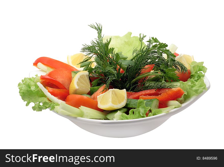 Plate with vegetable salad isolated on white background. Plate with vegetable salad isolated on white background