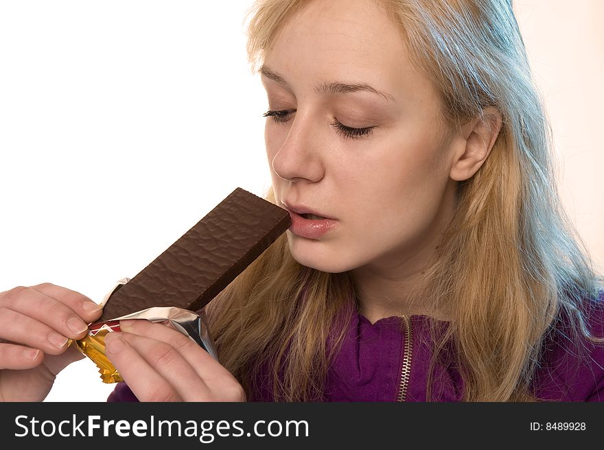 Girl with the chocolate wafer. Girl with the chocolate wafer