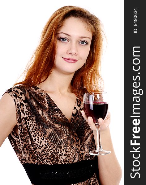 Young beautiful  girl with glass of red wine on white background.