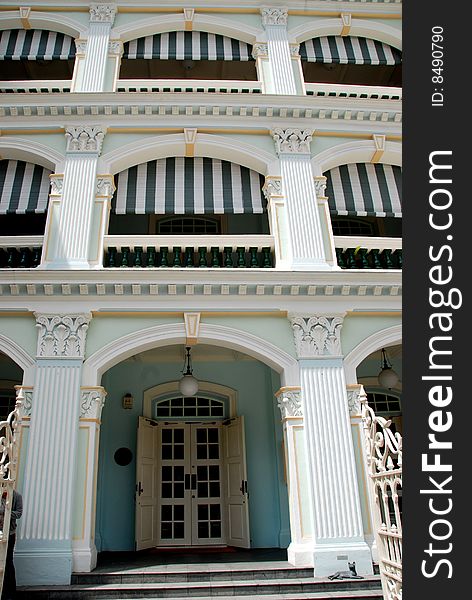 Facade of the handsome colonial style 1910 Peranakan Museum on Armenian Street in the heart of Singapore - Lee Snider Photo. Facade of the handsome colonial style 1910 Peranakan Museum on Armenian Street in the heart of Singapore - Lee Snider Photo.