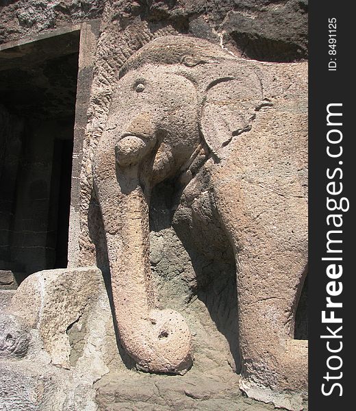 Photo of a carving of an elephant at the ajanta caves in aurangabad, india.