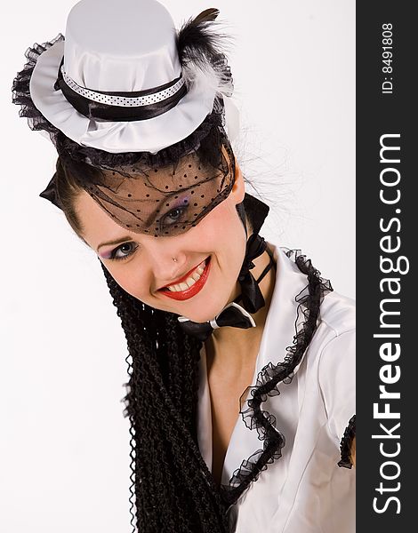 Sexy smiling woman with small top hat, isolated. Sexy smiling woman with small top hat, isolated