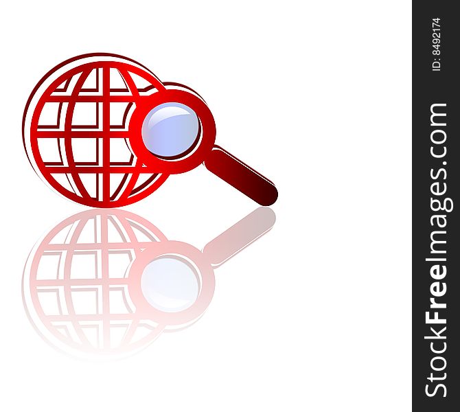 Three-dimensional search icon with reflection isolated over white.