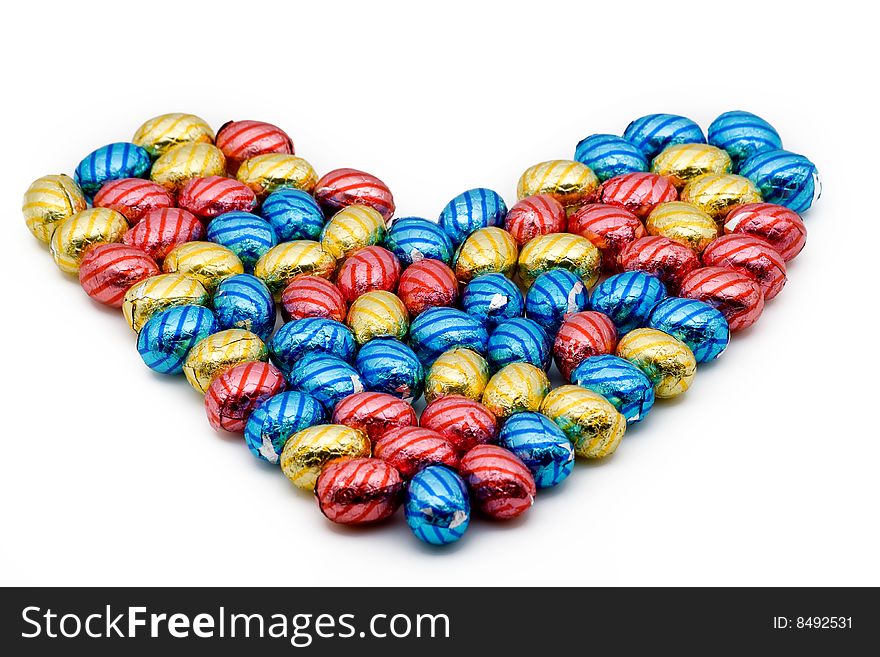 Chocolate easter eggs in a heart shape
