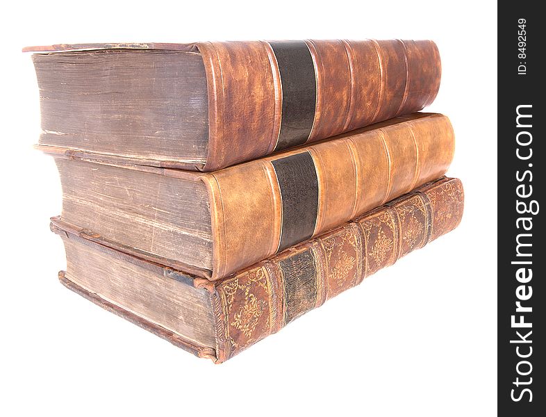 A pile of old leather bound books isolated on a white background