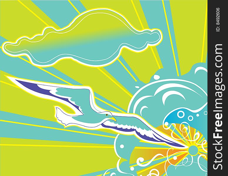 Vector Stylized Illuctration of an idyllic summer scene with waves, sun and seagull