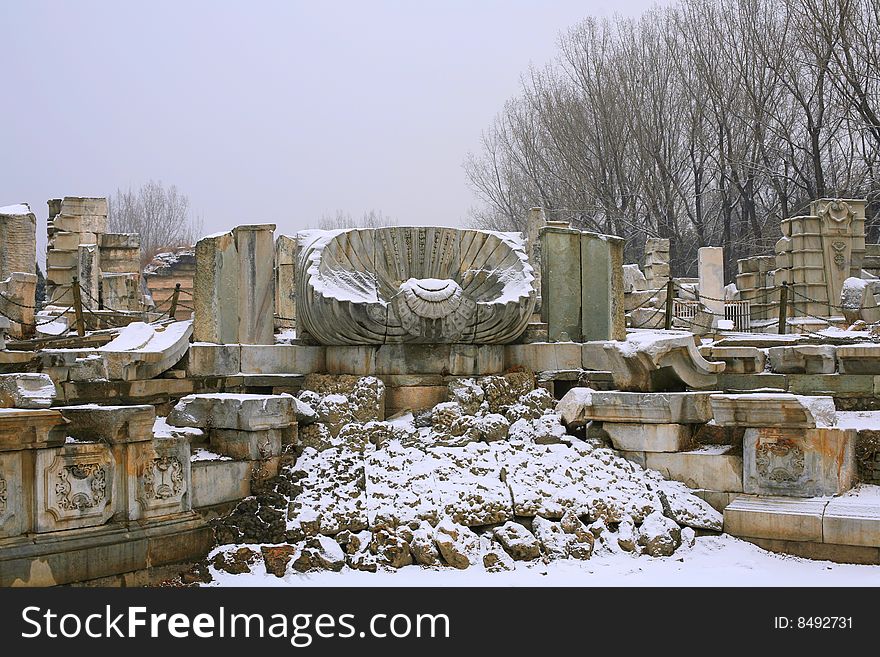 The Ruins of the European palaces in The Old Summe after snow, known in China as the Gardens of Perfect Brightness.