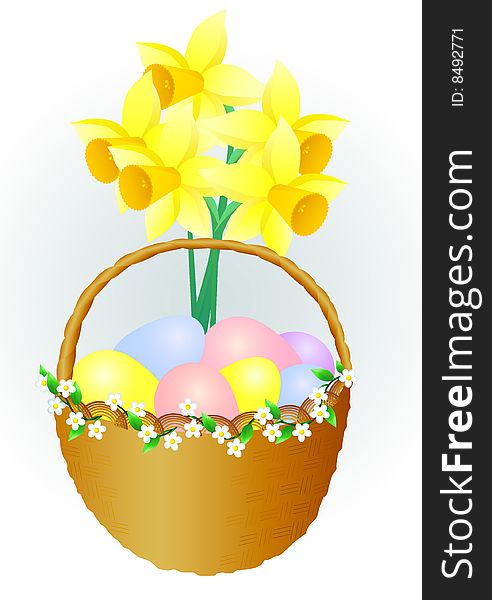 Isolated basket with easter eggs and narcissus