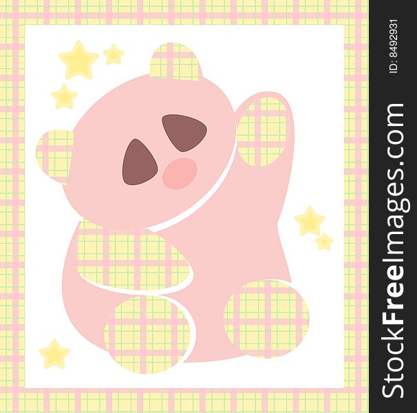 A pink teddy bear decorated with a chequered pattern