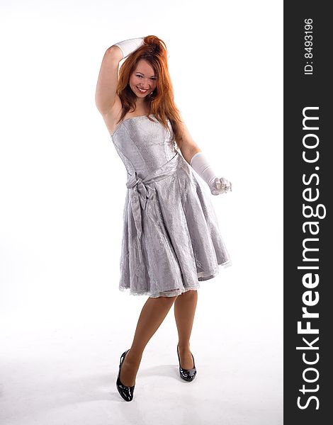 Young girl with white gloves standing on white background. Young girl with white gloves standing on white background