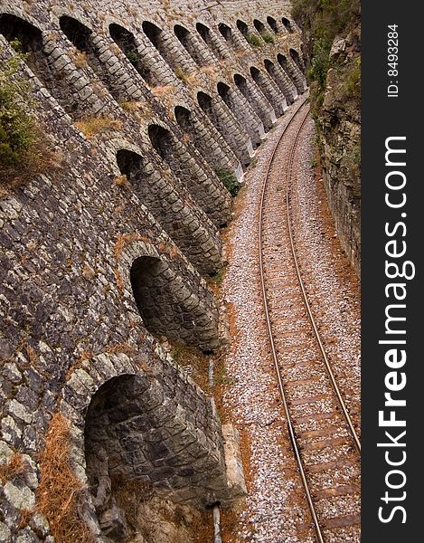 Railroad track in narrow Corsica glen. Railroad track in narrow Corsica glen