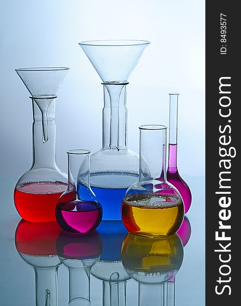 Laboratory glassware with colorful solution