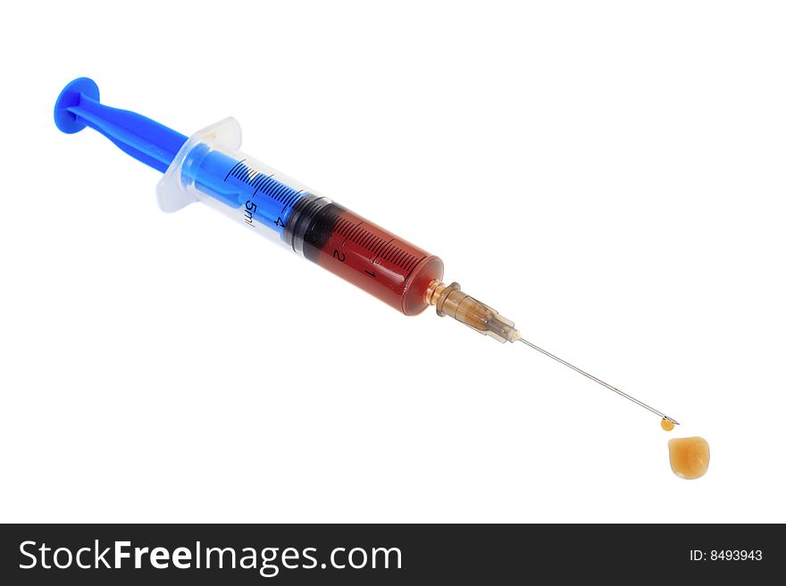 Medical syringe with a medicine on a white background