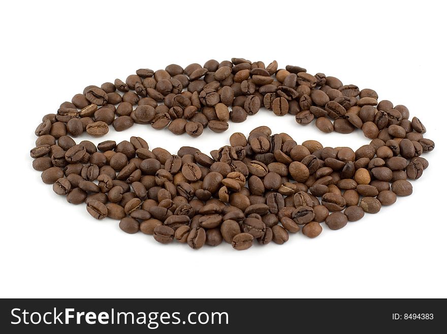 A coffee bean laid out with coffee beans isolated on white background