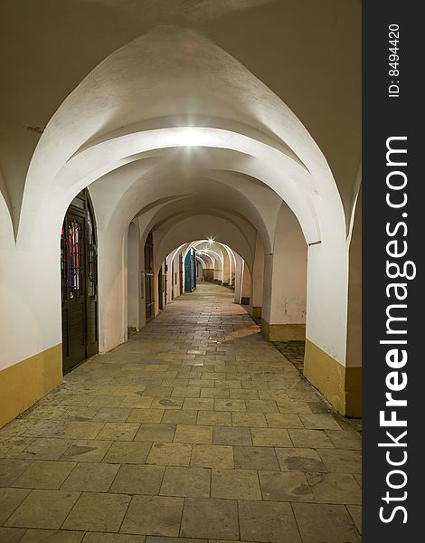 Arcade on town square in Litomysl at night lighting. UNESCO heritage. Arcade on town square in Litomysl at night lighting. UNESCO heritage.