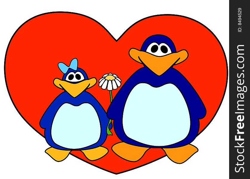 Enamoured penguins against red heart
