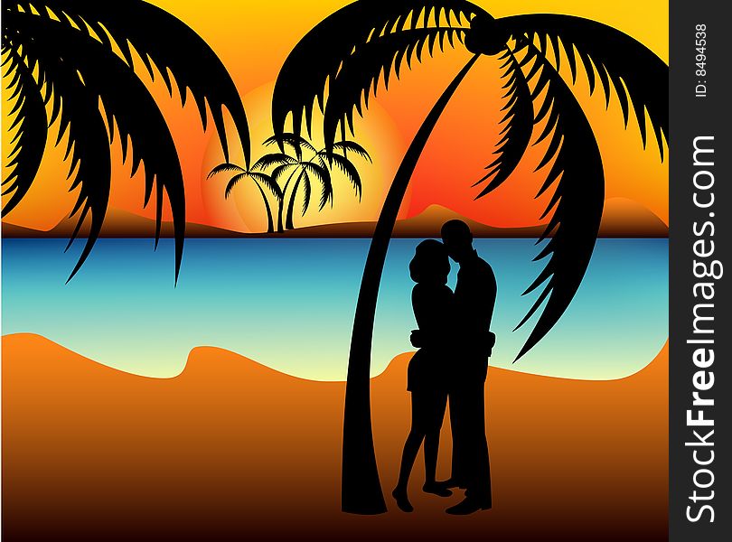 Silhouettes of two lovers on a beach