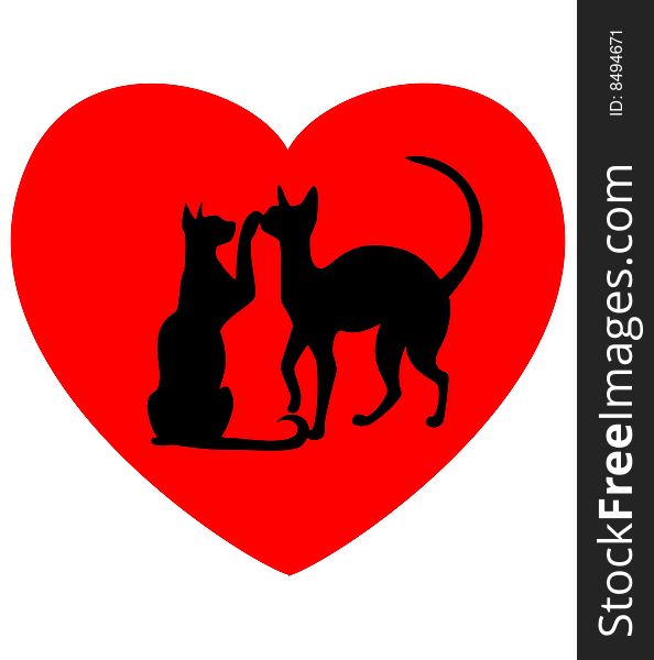 Two enamoured cats against red heart