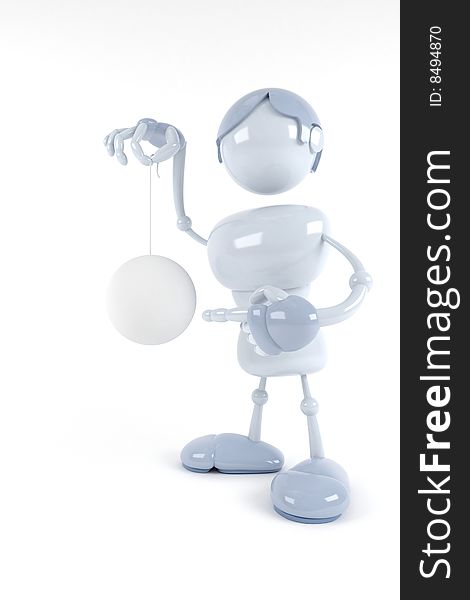 Blue robot hold abstract white ball. Blue robot hold abstract white ball